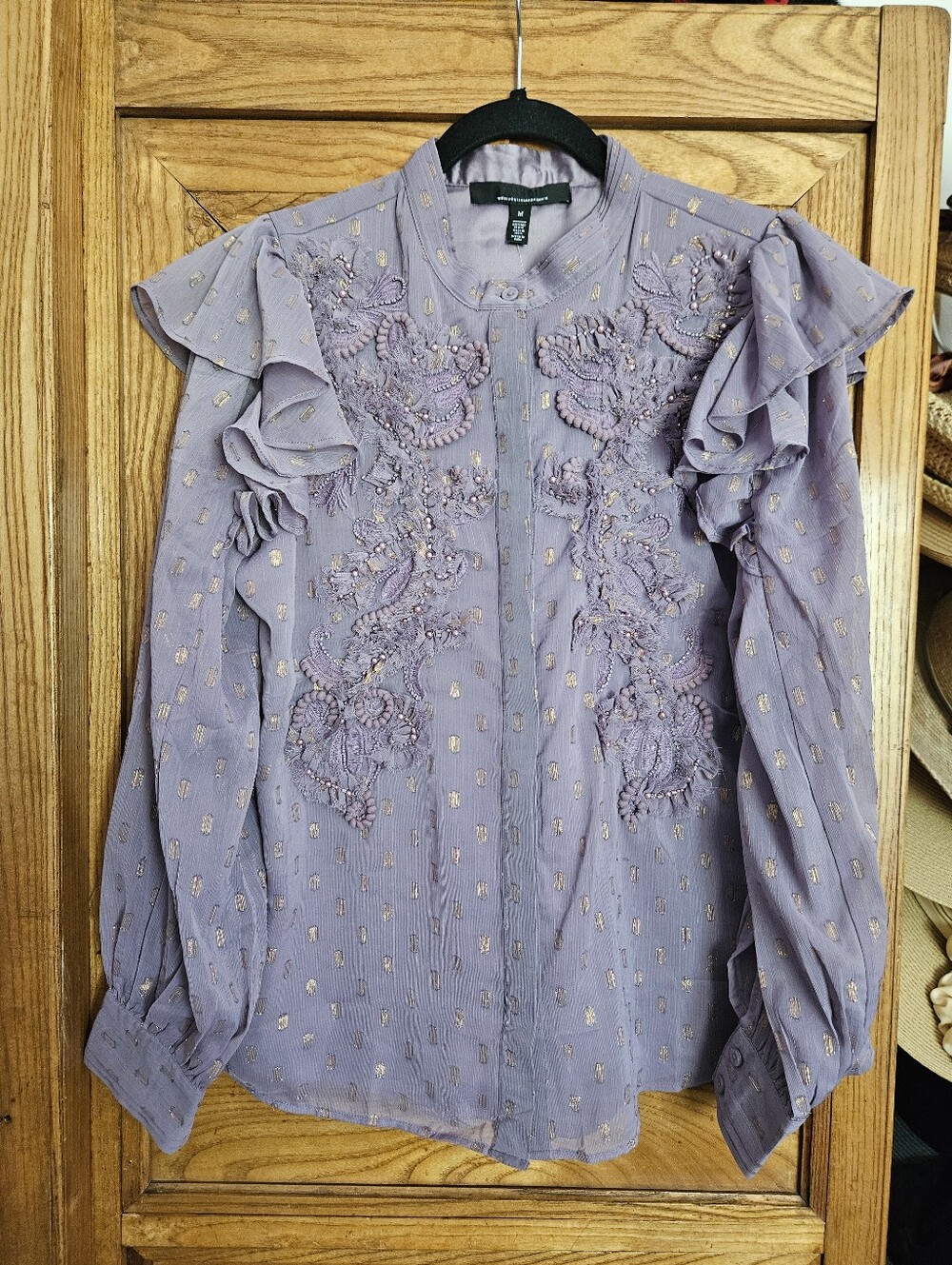 White House Black Market Lavender Ruffle Ornate Long Sleeve Blouse Medium NWT